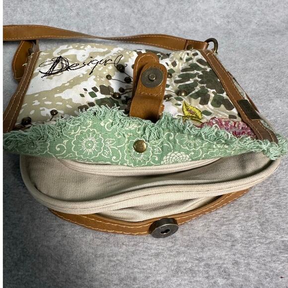 Desigual Canvas Crossbody‎ Bag Floral Embellished Brown Leather Strap Trim Spain - Picture 9 of 16